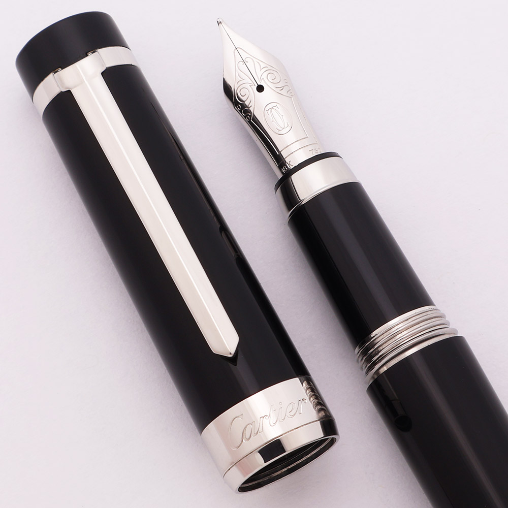 Pasha de Cartier Fountain Pen - Black w Platinum Trim, C/C, Medium